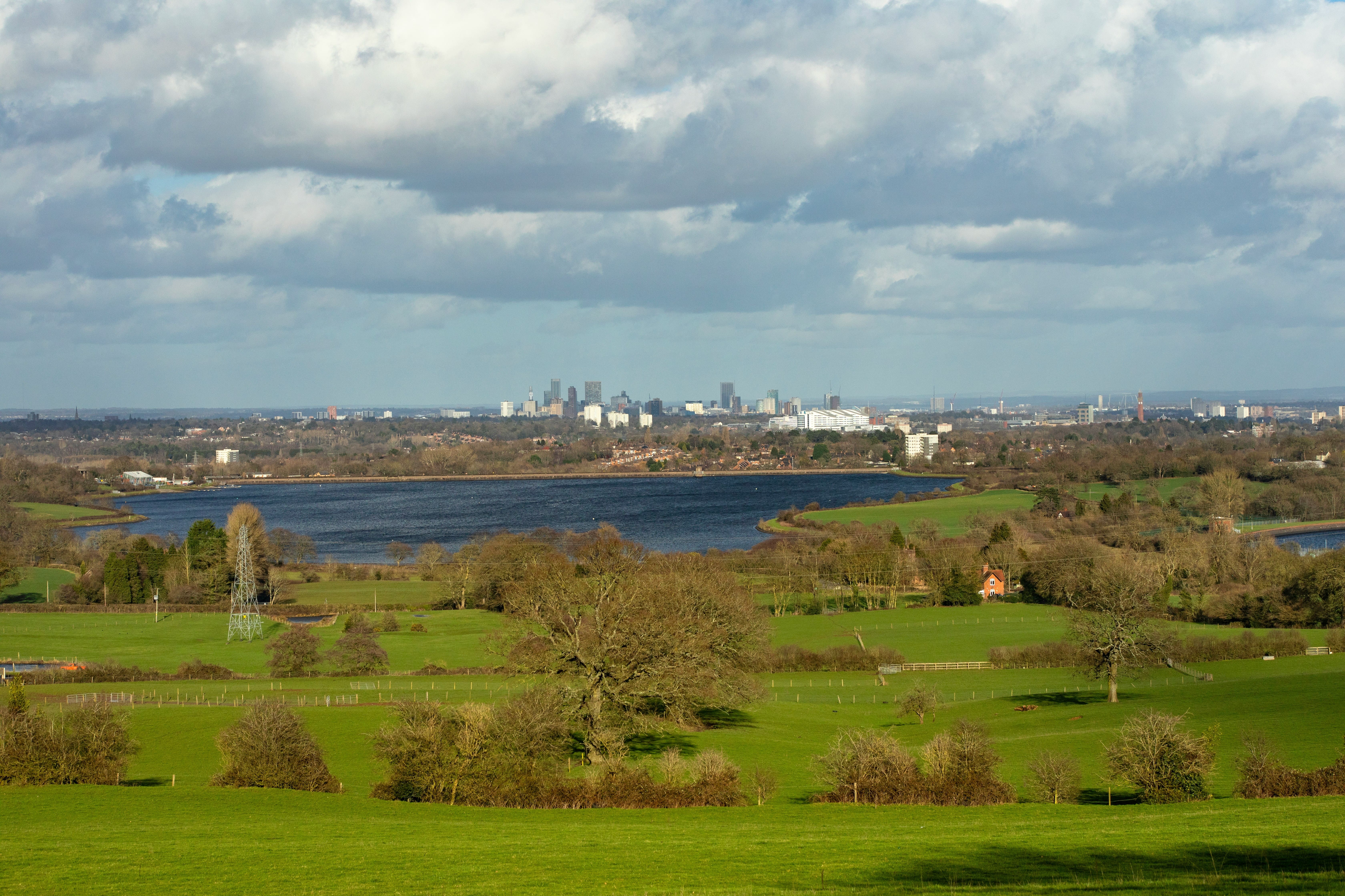 A green field showing birmingham buildings